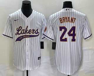 Mens Los Angeles Lakers #24 Kobe Bryant White Pinstripe With Patch Cool Base Stitched Baseball Jersey1->los angeles lakers->NBA Jersey